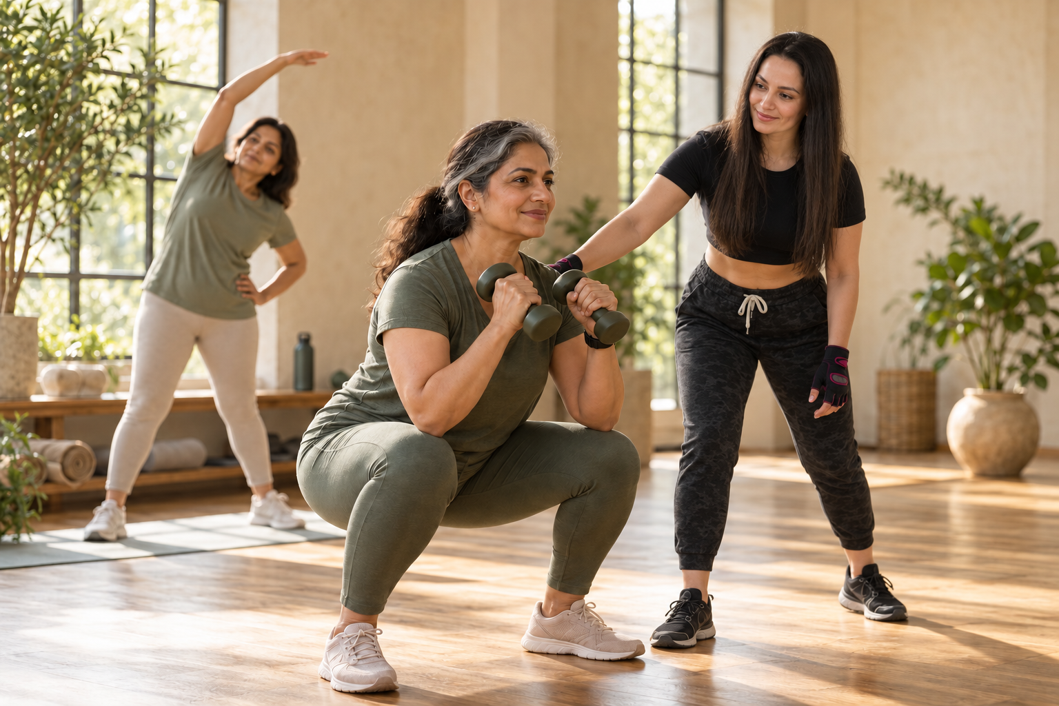 AI-composited scene featuring Hina supporting a woman exercising; illustrative studio, not the DLF Thrive venue